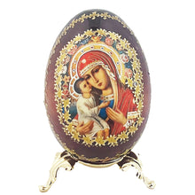 Load image into Gallery viewer, Icon of the Mother of God of Zhirovits Virgin Mary and Christ - Wood Icon Egg on Gold Metal Stand 3¼ inches tall - Gold Foil Icon