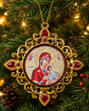 Load image into Gallery viewer, Christ The Teacher & Perpetual Help - Set of 2 - Greek Gold Foiled Byzantine Christmas Icon Ornament and Room Decoration - Framed In Jeweled Frame, Decorated With Faux Crystals, 4 Inch