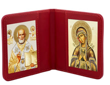 Load image into Gallery viewer, Traveling Icon Diptych - Book Saint Nicholas & Seven Swords Virgin Mary - Traveling Faith - Leatherette Case 3 7/8" Gold Foiled Icons