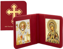 Load image into Gallery viewer, Traveling Icon Diptych - Book Saint Nicholas & Seven Swords Virgin Mary - Traveling Faith - Leatherette Case 3 7/8" Gold Foiled Icons