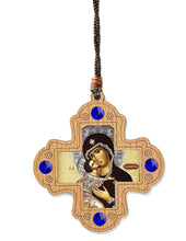 Load image into Gallery viewer, Virgin of Vladimir - Christ Blessings Wooden Icon Cross Ornaments - Pendants on Rope for Car Room Christmas Tree - 2 3/4"