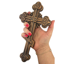 Load image into Gallery viewer, Three Bar Wall Crucifix Oak Wood Cross 9 3/4"