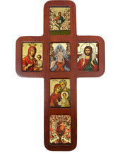 Load image into Gallery viewer, Greek Icon Cross - 14 Inch Oak Wood - Icons are Gold Foiled
