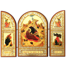 Load image into Gallery viewer, Byzantine Russian Orthodox Icon Nativity of Christ Icon Triptych Wooden Gold and Silver Foiled With Saints