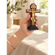Load image into Gallery viewer, Small Standing Three Bar Orthodox Cross - Wooden Byzantine Crucifix Prayer on The Back Save Us in Slavonic  - Jesus Christ Crucifixion with Gold Foil 5"x2 3/4"

