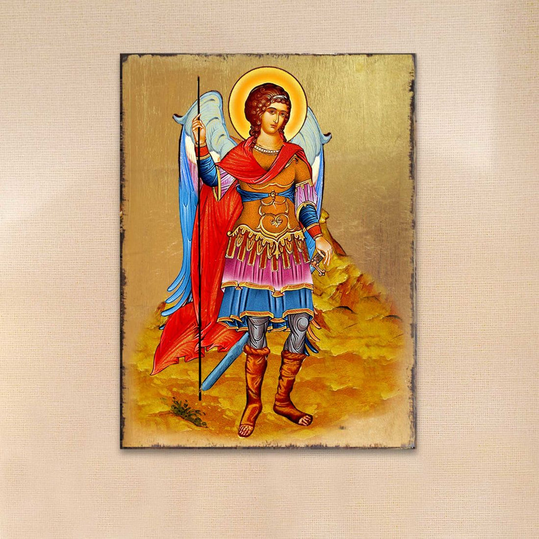 Saint Michael the Archangel Wooden Gold Plated Religious Christian Sacred Icon - Inspirational Icon Decor - 85022