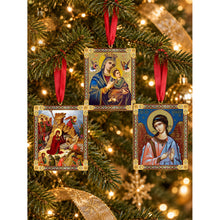 Load image into Gallery viewer, Nativity of Christ - Guardian Angel - Perpetual Help - Wooden Icon Christmas Ornaments - Gold Foiled  2 Sided - With Red Ribbon - Set of 3
