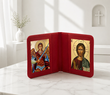 Load image into Gallery viewer, Traveling Icon Diptych - Book-  Saint Archangel Michael &amp; Christ The Teacher

