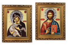 Load image into Gallery viewer, Matching Pair - Virgin of Vladimir &amp; Christ The Teacher Icon - Gold Wooden Framed  - Wall Hanging With Stand 7 3/4 Inch tall
