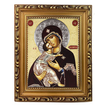 Load image into Gallery viewer, Matching Pair - Virgin of Vladimir &amp; Christ The Teacher Icon - Gold Wooden Framed  - Wall Hanging With Stand 7 3/4 Inch tall
