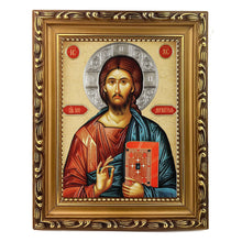 Load image into Gallery viewer, Matching Pair - Virgin of Vladimir &amp; Christ The Teacher Icon - Gold Wooden Framed  - Wall Hanging With Stand 7 3/4 Inch tall
