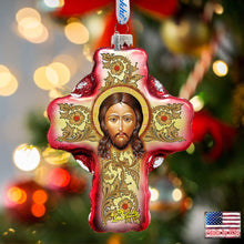 Load image into Gallery viewer, Jesus Face Cross Glass Ornament by G. DeBrekht
