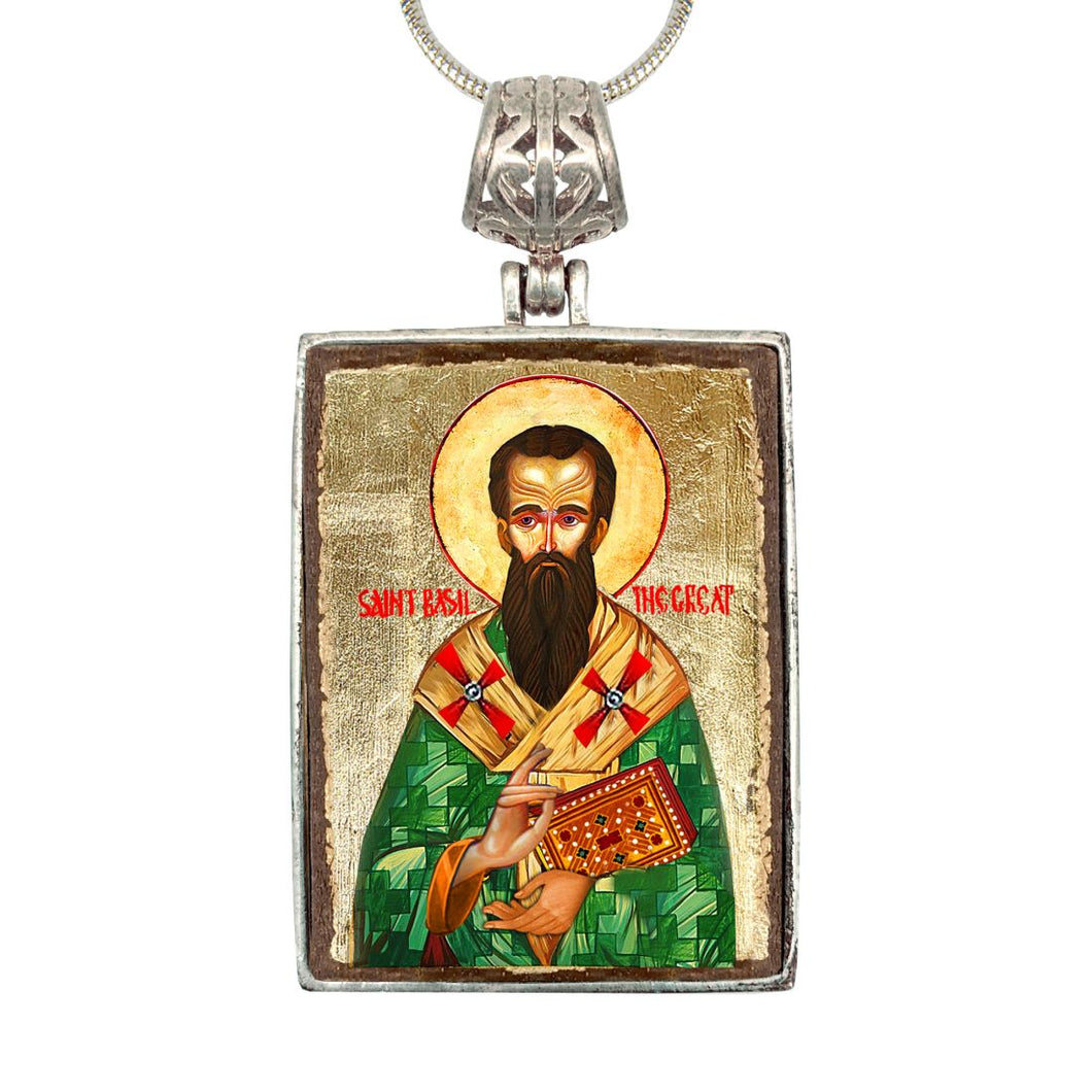 Saint Basil Religious Jewelry Silver Plated Necklace, Gold-Plated Wooden Cabochon