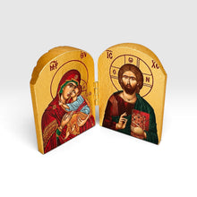 Load image into Gallery viewer, Orthodox Wooden Diptych With Theotokos and Christ 4" x 2.75"  Gold Leaf Icons
