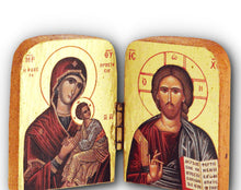 Load image into Gallery viewer, Orthodox Wooden Diptych 3" x 2" With Gold Leaf Holy Icons Theotokos and Christ

