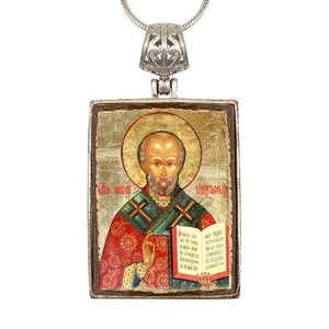 Saint Nick Religious Jewelry Silver Plated Necklace, Gold-Plated Wooden Cabochon