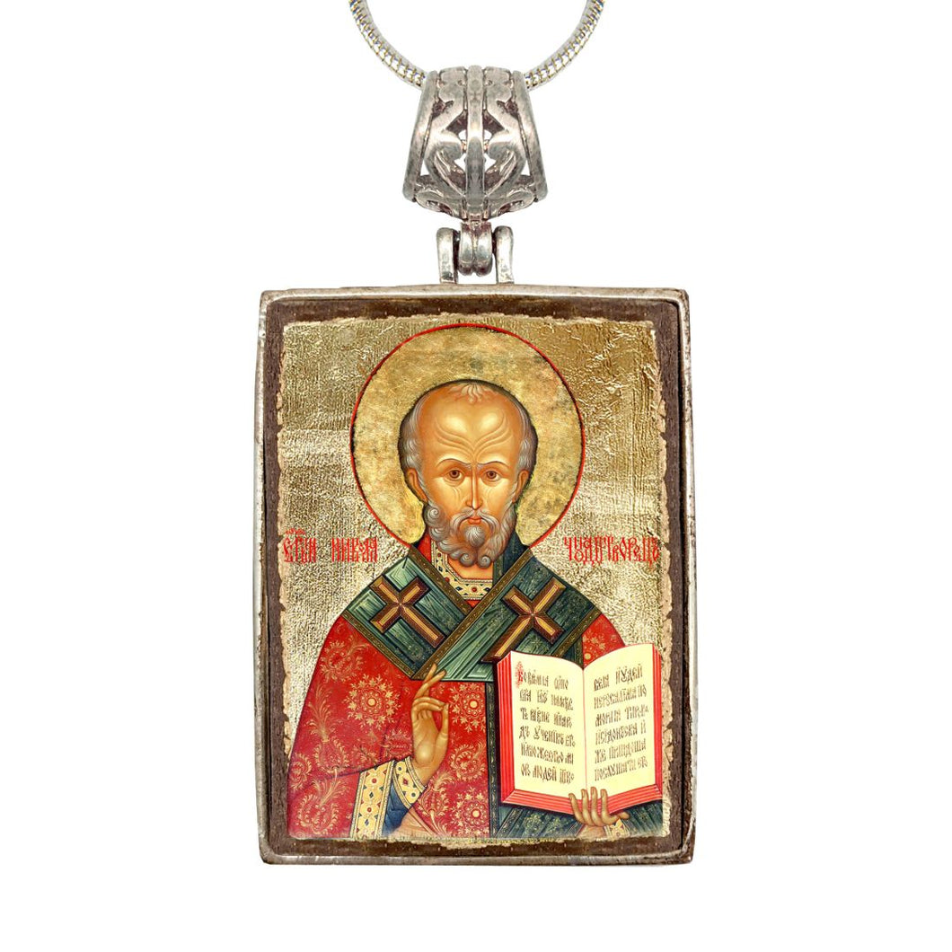 Saint Nick Religious Jewelry Silver Plated Necklace, Gold-Plated Wooden Cabochon