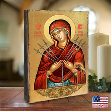 Load image into Gallery viewer, Virgin Mary of the Seven Swords Wooden Gold Plated Religious Christian Sacred Icon - Inspirational Icon Decor - 85037
