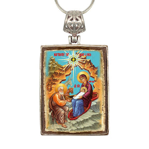 Nativity Religious Jewelry Silver Plated Necklace, Gold-Plated Wooden Cabochon - Orthodox Sacred Icon