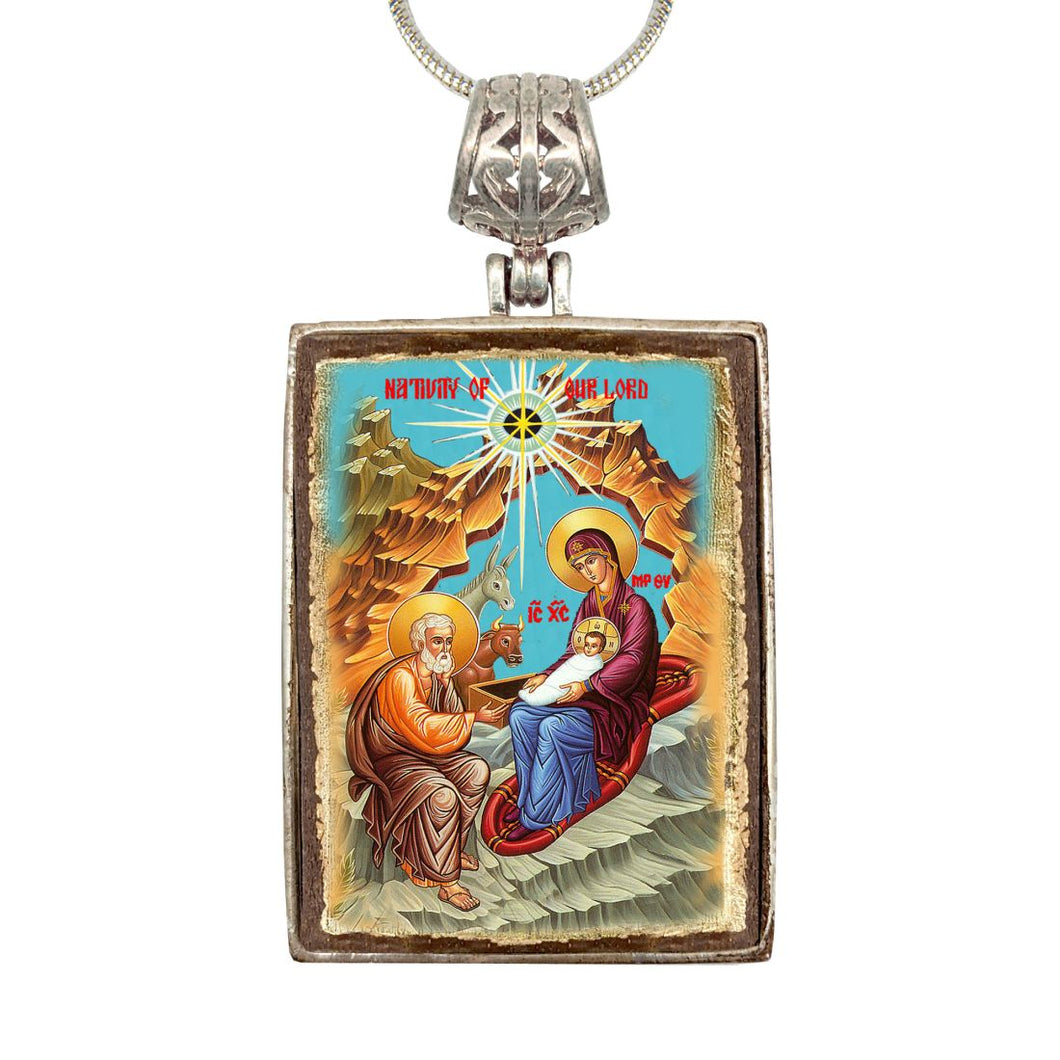 Nativity Religious Jewelry Silver Plated Necklace, Gold-Plated Wooden Cabochon - Orthodox Sacred Icon
