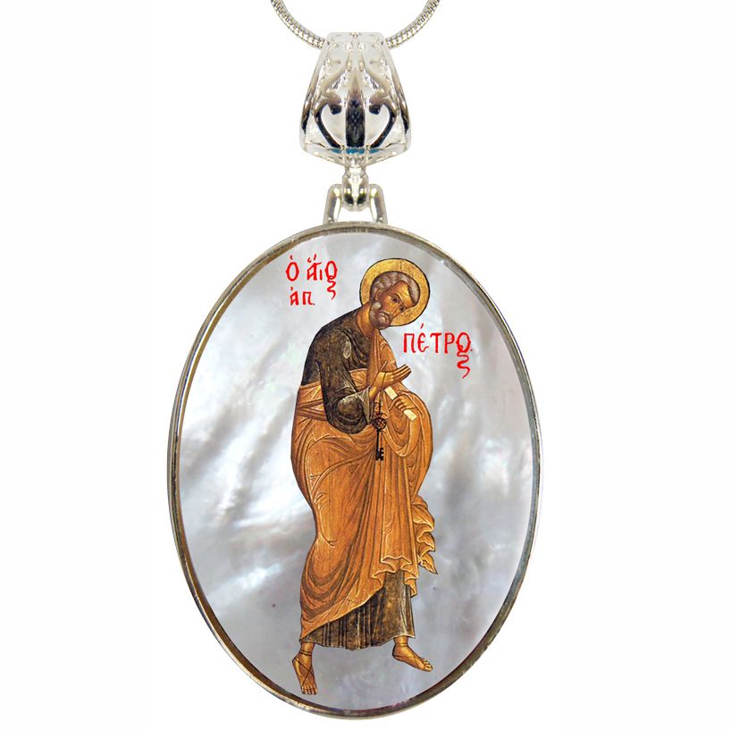 Saint Peter Small Oval Silver-Plated Mother of Pearl Necklace