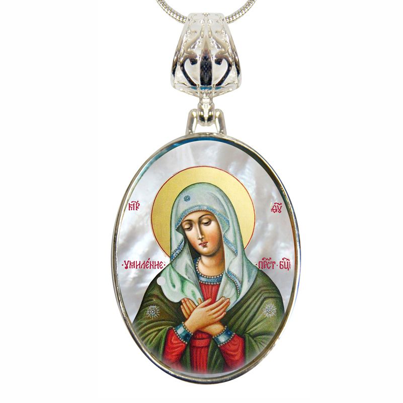 Mother of God Tenderness Silver Plated Mother of Pearl Necklace Jewelry