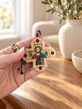 Load image into Gallery viewer, Virgin of Vladimir - Christ Blessings Wooden Icon Cross Ornaments - Pendants on Rope for Car Room Christmas Tree - 2 3/4"
