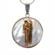 Load image into Gallery viewer, Archangel Saint Gabriel Silver Plated Mother of Pearl Jewelry Necklace
