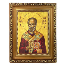 Load image into Gallery viewer, Saint Nicholas - Greek Icon - Wooden Frame With Stand For Standing and Hook Gold Foil

