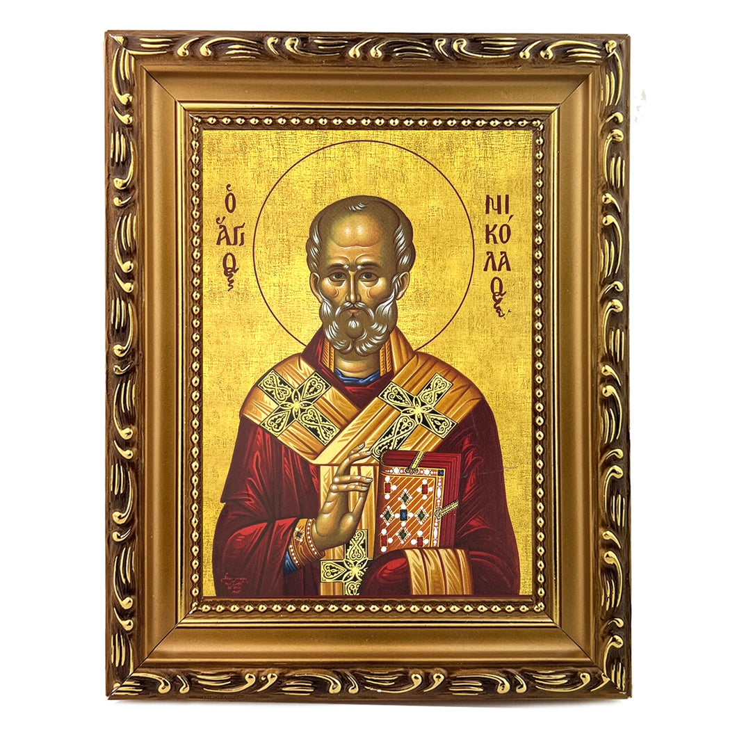 Saint Nicholas - Greek Icon - Wooden Frame With Stand For Standing and Hook Gold Foil