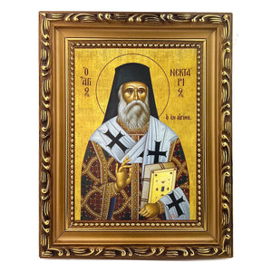 Saint Nektarios - Greek Icon - Wooden Frame With Stand For Standing and Hook Gold Foil
