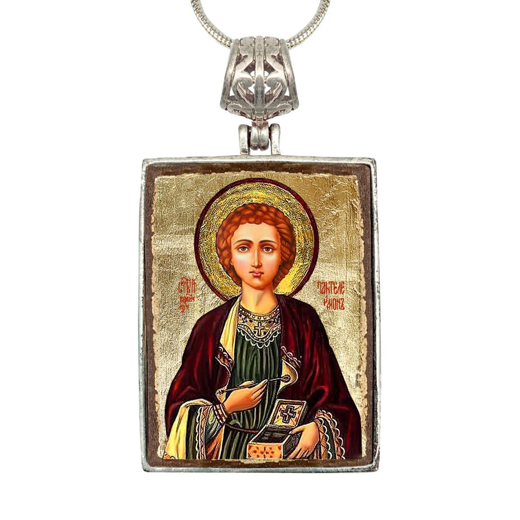 Saint Panteleimon Religious Jewelry Silver Plated Necklace, Gold-Plated Wooden Cabochon