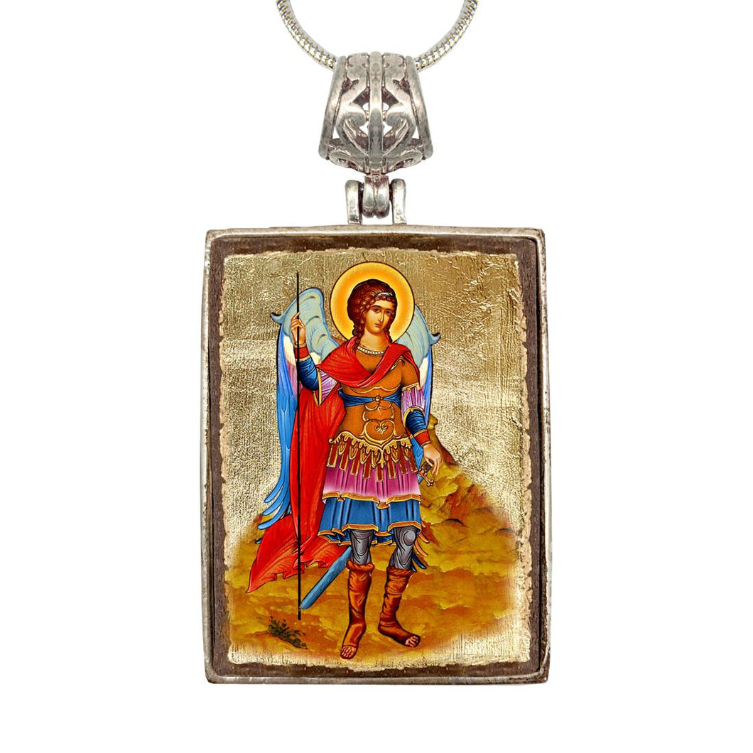 Saint Michael Religious Jewelry Silver Plated Necklace, Gold-Plated Wooden Cabochon