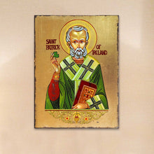 Load image into Gallery viewer, Saint Patrick Wooden Gold Plated Religious Christian Sacred Icon - Celtic Decor - 85060
