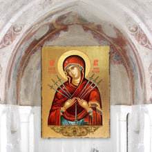 Load image into Gallery viewer, Virgin Mary of the Seven Swords Wooden Gold Plated Religious Christian Sacred Icon - Inspirational Icon Decor - 85037
