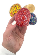 Load image into Gallery viewer, Hand Painted 3 Assorted Wooden Ukrainian Pysanky Eggs on a Wooden Stand 3 1/2 Inch
