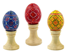 Load image into Gallery viewer, Hand Painted 3 Assorted Wooden Ukrainian Pysanky Eggs on a Wooden Stand 3 1/2 Inch
