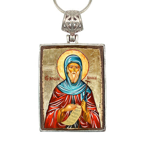Saint Anthony Religious Jewelry Silver Plated Necklace, Gold-Plated Wooden Cabochon - Christian Sacred Icon