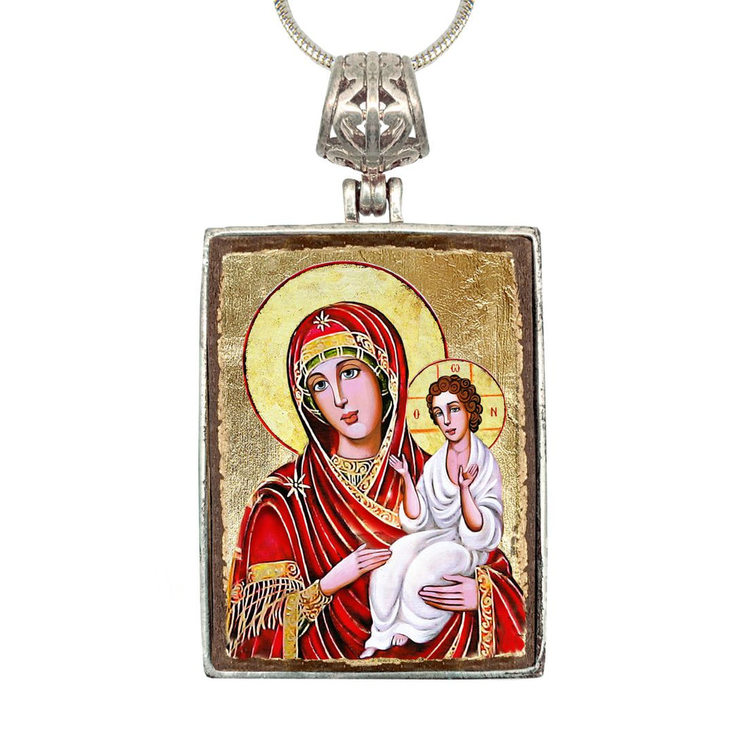 Virgin Mary Directress Religious Jewelry Silver Plated Necklace, Gold-Plated Wooden Cabochon - Orthodox Sacred Icon