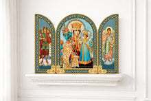 Load image into Gallery viewer, Virgin Mary The Unfading Bloom Icon Triptych With Archangel Michael and Guardian Angel - Gold Foil - Wooden 6 1/4 Inch tall
