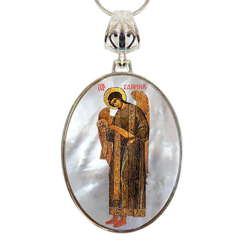 Archangel Saint Gabriel Silver Plated Mother of Pearl Jewelry Necklace