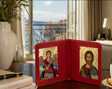 Load image into Gallery viewer, Traveling Icon Diptych - Book-  Saint Archangel Michael &amp; Christ The Teacher
