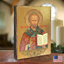 Load image into Gallery viewer, Saint Nicholas Wooden Gold Plated Religious Orthodox Sacred Icon - Inspirational Icon Décor - 85021
