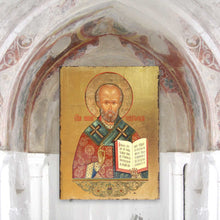 Load image into Gallery viewer, Saint Nicholas Wooden Gold Plated Religious Orthodox Sacred Icon - Inspirational Icon Décor - 85021
