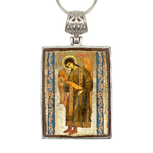 Saint Gabriel Archangel Religious Jewelry Silver Plated Necklace, Gold-Plated Wooden Cabochon