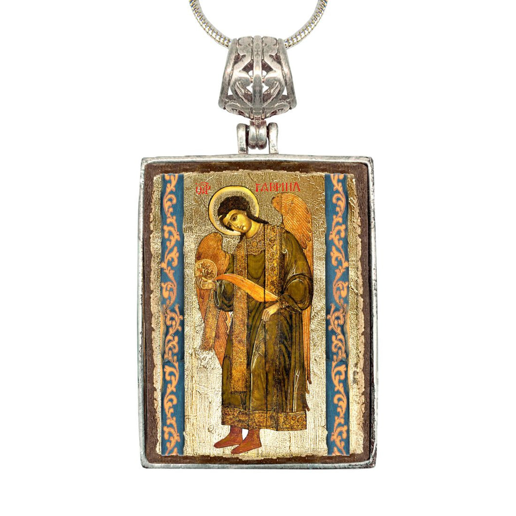 Saint Gabriel Archangel Religious Jewelry Silver Plated Necklace, Gold-Plated Wooden Cabochon