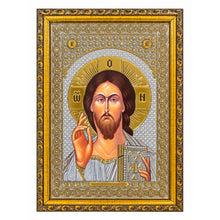 Load image into Gallery viewer, Set of 2 - Matching Icon Pair  Virgin of Kazan &amp; Christ The Teacher - Gold &amp; Silver Foiled Icon Covered With Glass - Gold Embossed Icon Gold and Silver Foiled - Wall Hanging - High Quality - 13"x9 1/4"
