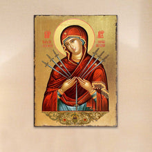 Load image into Gallery viewer, Virgin Mary of the Seven Swords Wooden Gold Plated Religious Christian Sacred Icon - Inspirational Icon Decor - 85037
