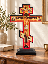 Load image into Gallery viewer, Standing Three Bar Orthodox Cross - Wooden Byzantine Crucifix Prayer "Save Us" on The Back - Jesus Christ Crucifixion with Gold Foil 9"x5 1/4"
