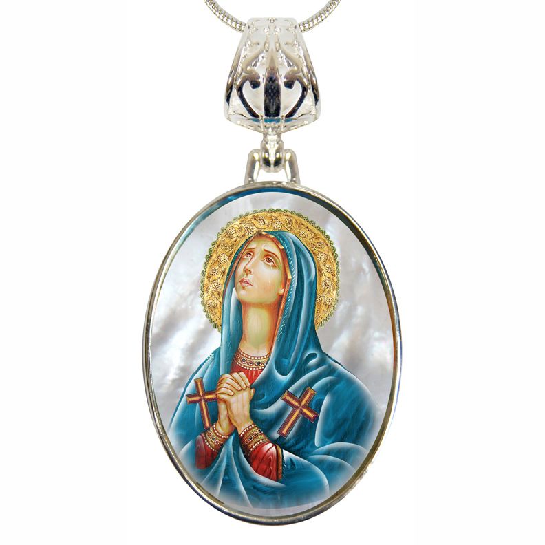 Virgin Mary Praying Silver Plated Mother of Pearl Necklace